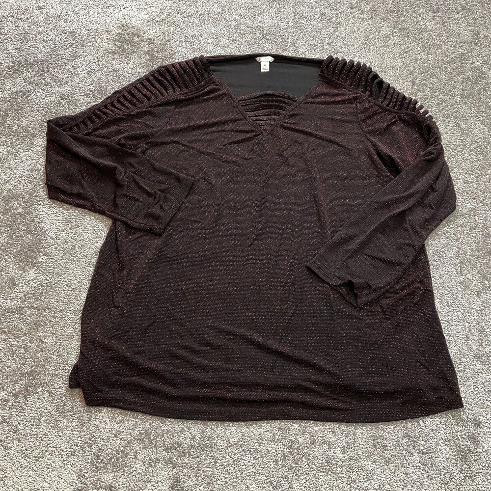 Cato Top Blouse Shirt Womens XL Black Dark Red Long Sleeve Nylon Stretch Ladies